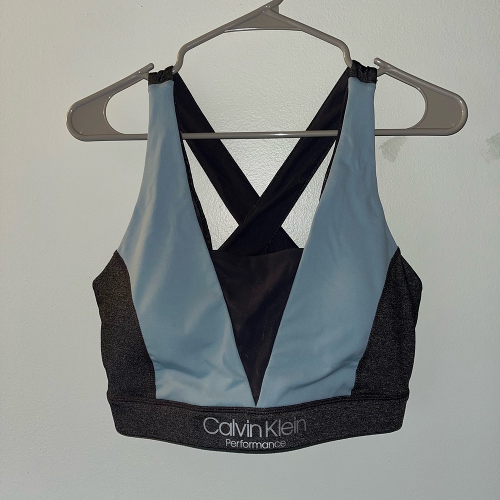Calvin Klein Performance | Baby Blue and Grey Mesh Detail High Impact Sports Bra